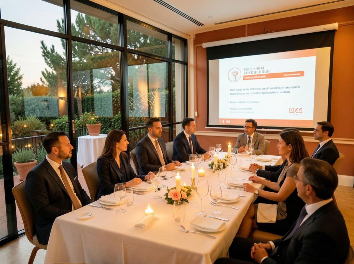Elegant corporate dinner in a glass-walled room opening onto a terrace, with a presentation screen and candlelit tables