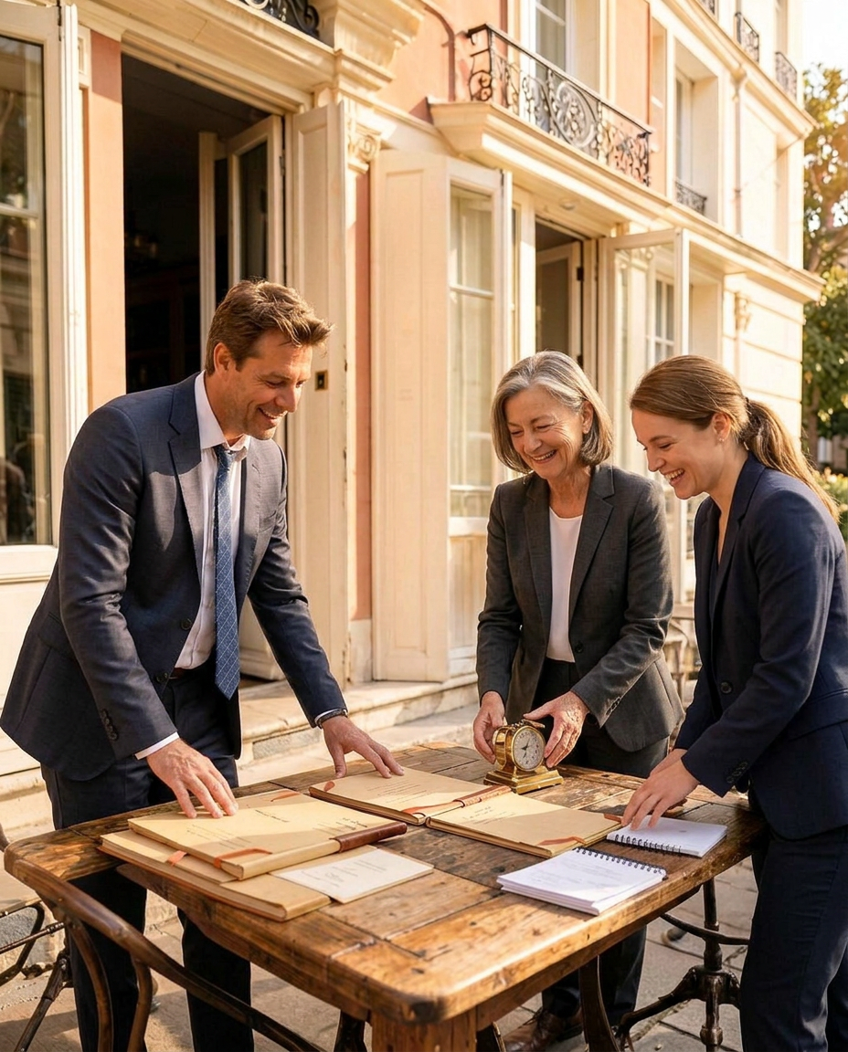 Three professionals opening sealed dossiers around a table with a vintage timer