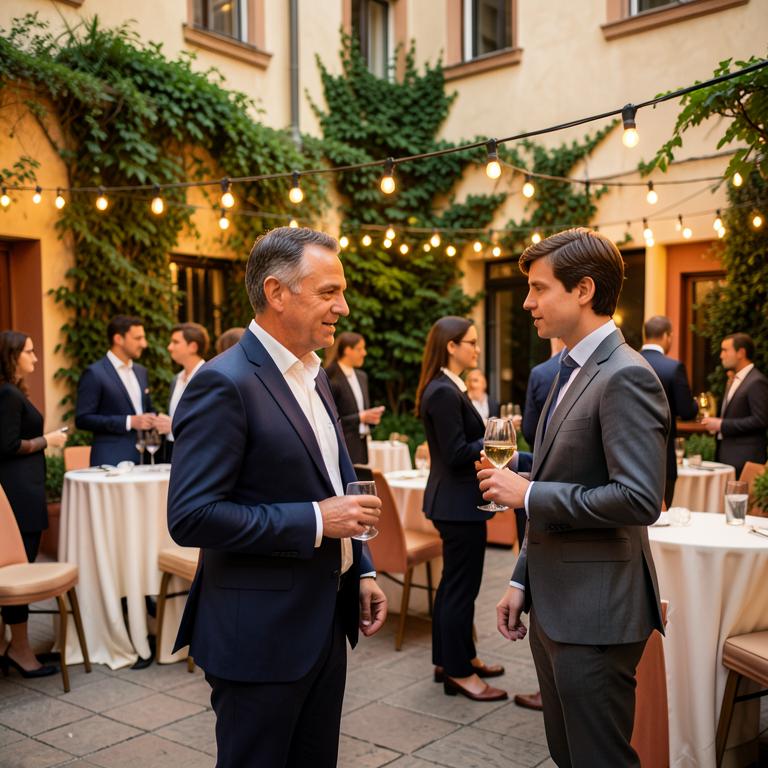 A new hire and a senior colleague standing apart at an office event