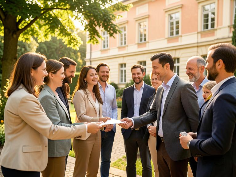 A facilitator handing sealed envelopes to a mixed group
